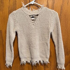 Daytrip Lace-Up V-Neck Distressed Knit Sweater - Cream